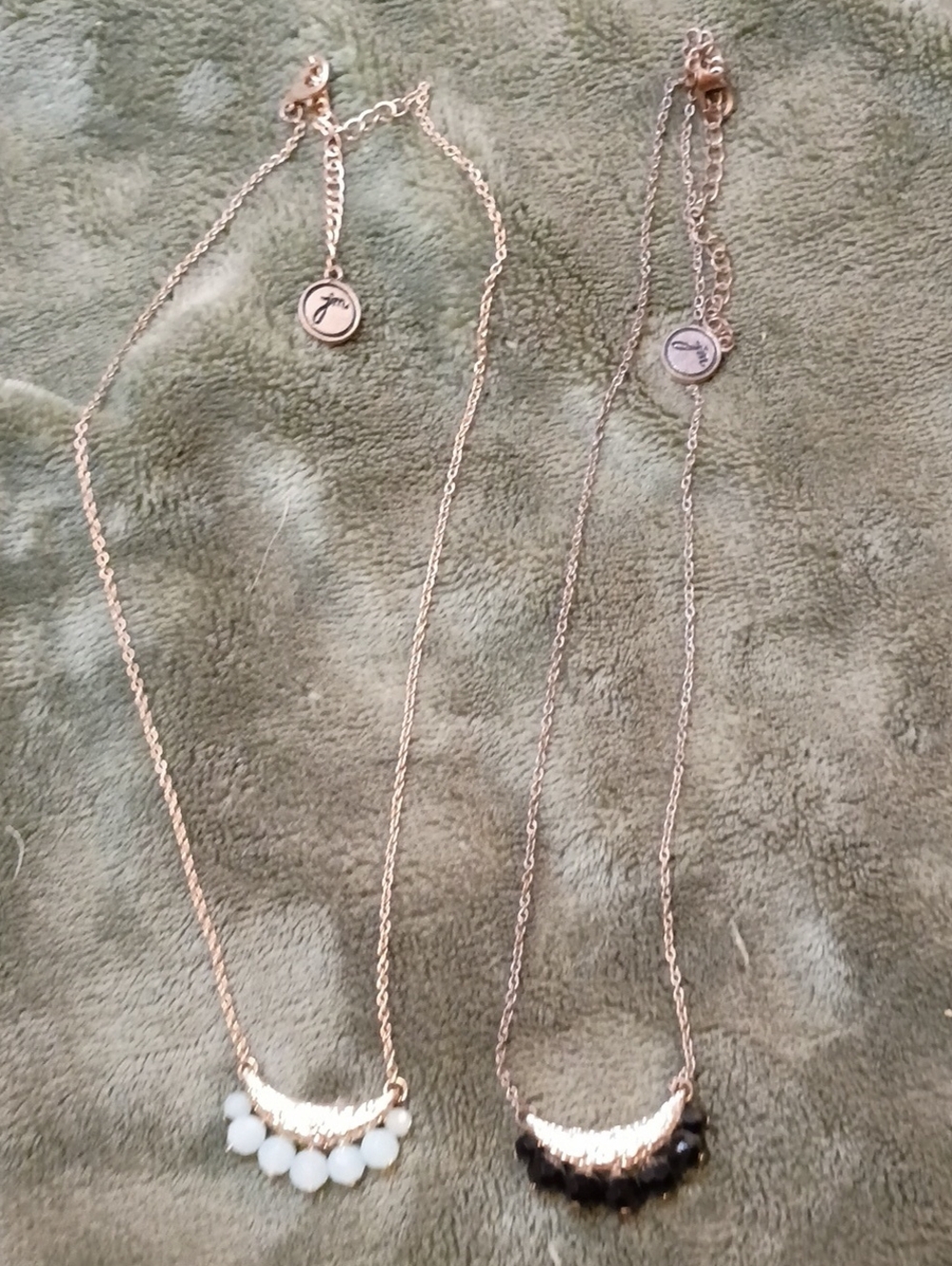 Rose Gold Crescent Necklace with Glass Opal Or Milk Glass Beads